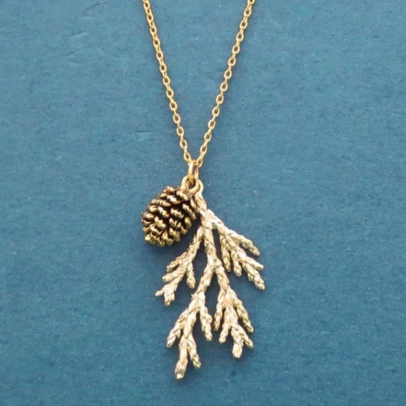 Vintage Golden Alloy Pinecone Cone Pendant Necklace 2 Color Pine Cones-leave Earrings Jewelry Women for Thanksgiving Festival