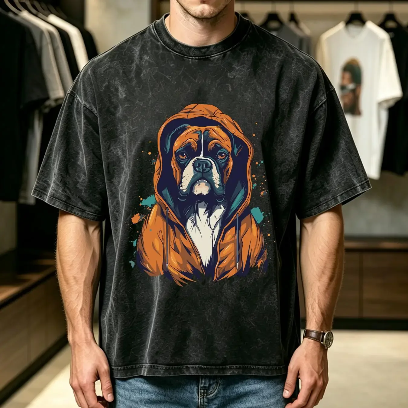 washed T Shirt Boxer Dog Cool Animal Owner Mom Dad long or short sleeves vintage Washed Unisex Casual streetwear graphic
