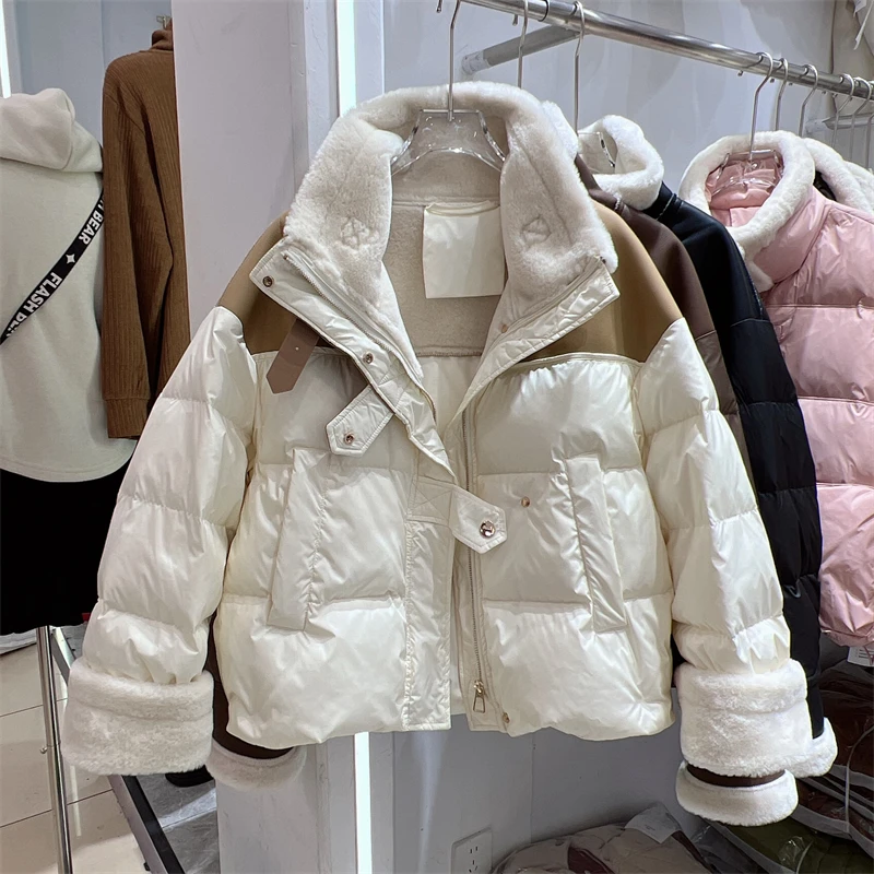 European style collar wool lamb splicing design sense down jacket winter 2024 Korean plush thicke Puffer jacket