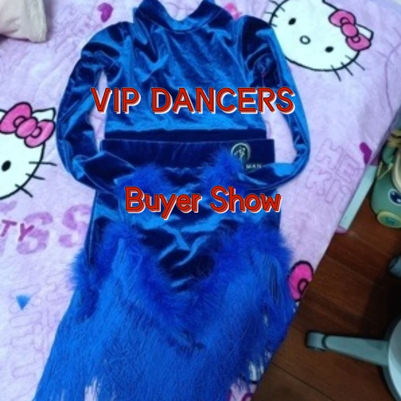 Kids Professional Latin Dance Clothes Blue Velvet Top Fringed Skirts Girls Performance Latin Dance Costumes Stage Dresses SL9184