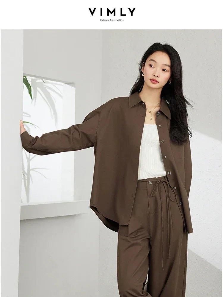 VIMLY Fashion Commuter 2PCS Women Work OL Pants Sets Autumn Long Sleeve Button Down Shirt+Wide Leg Trouser Simple Casual Suit