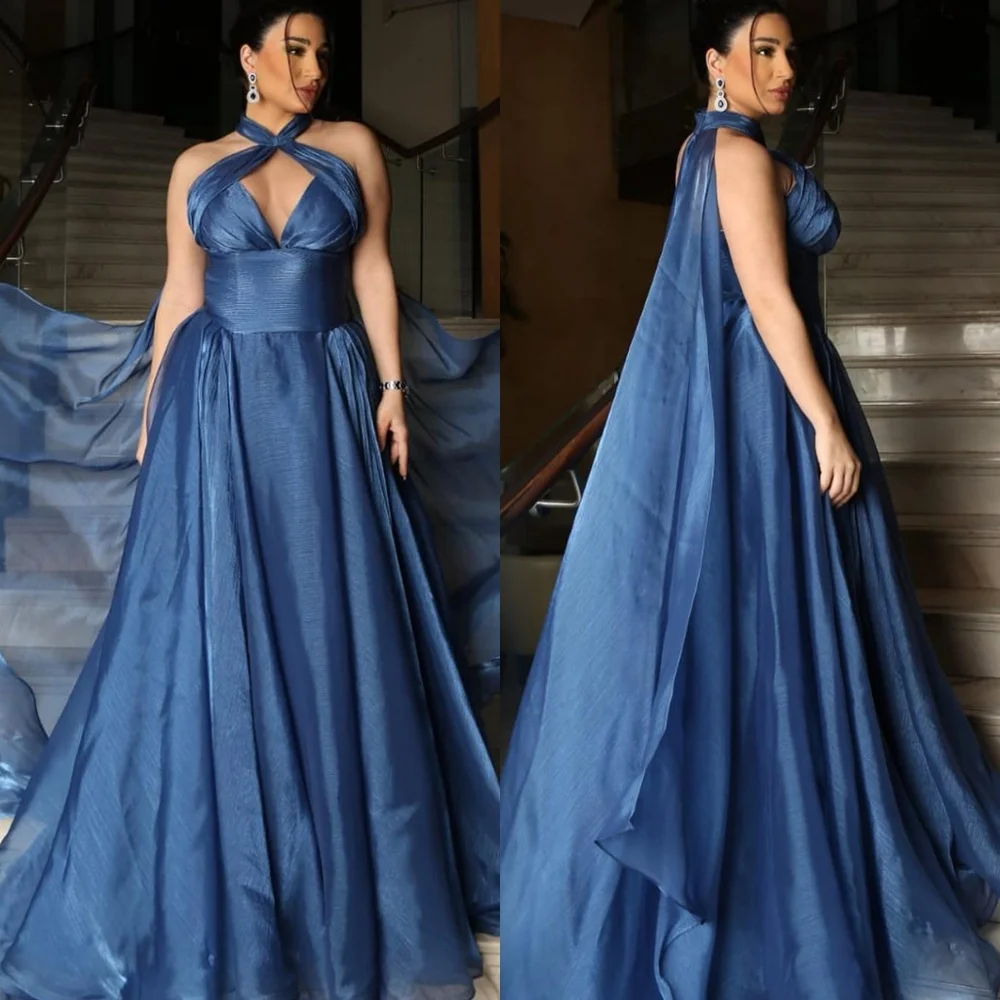

Customized Exquisite Blue Satin Evening Dress Temperament Halter Sleeveless Zipper Back Sweep Train Special Occasion Gowns