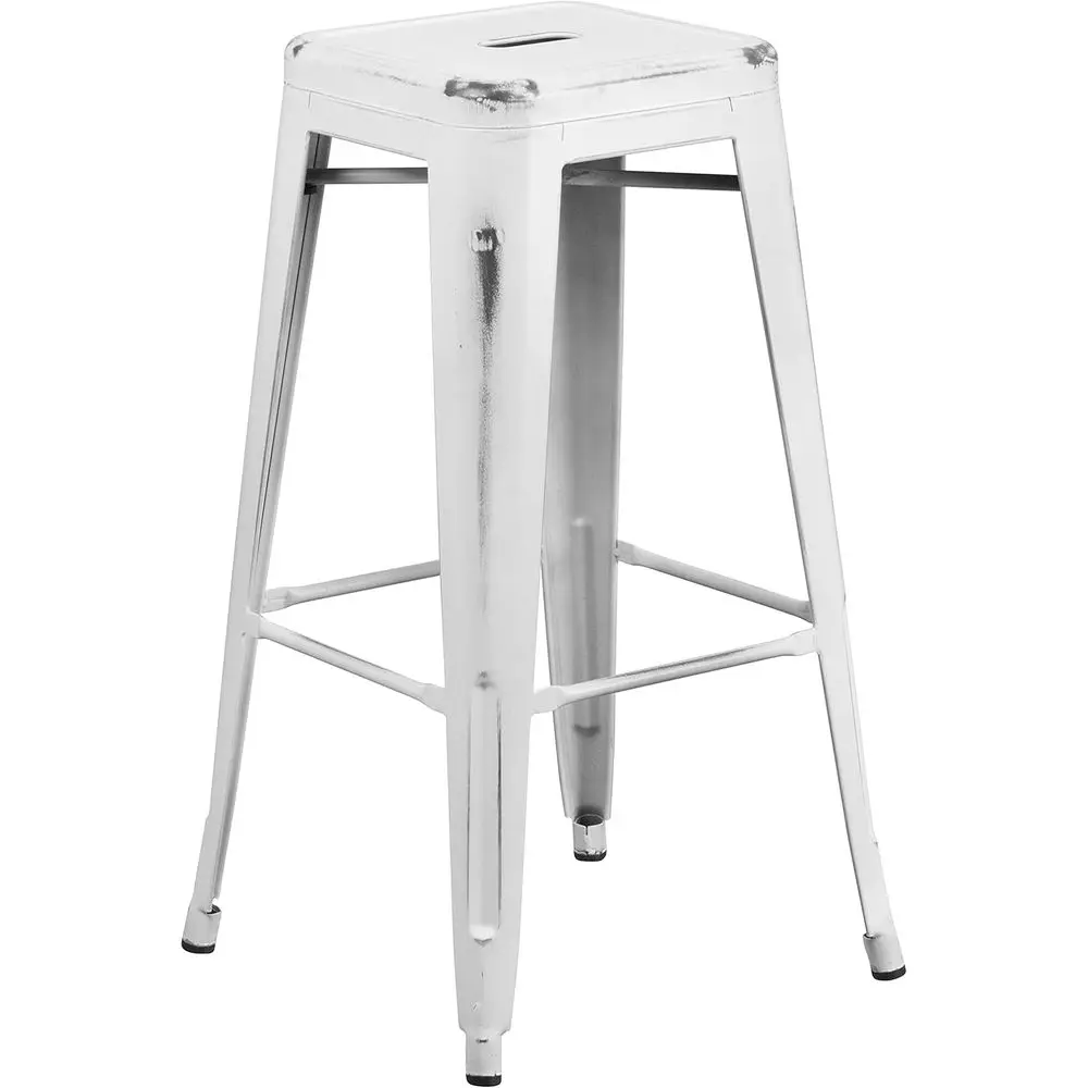 

Metal Bar Stool Distressed White Finish Braced Base Integrated Footrest Rubber Floor Glides tabouret design