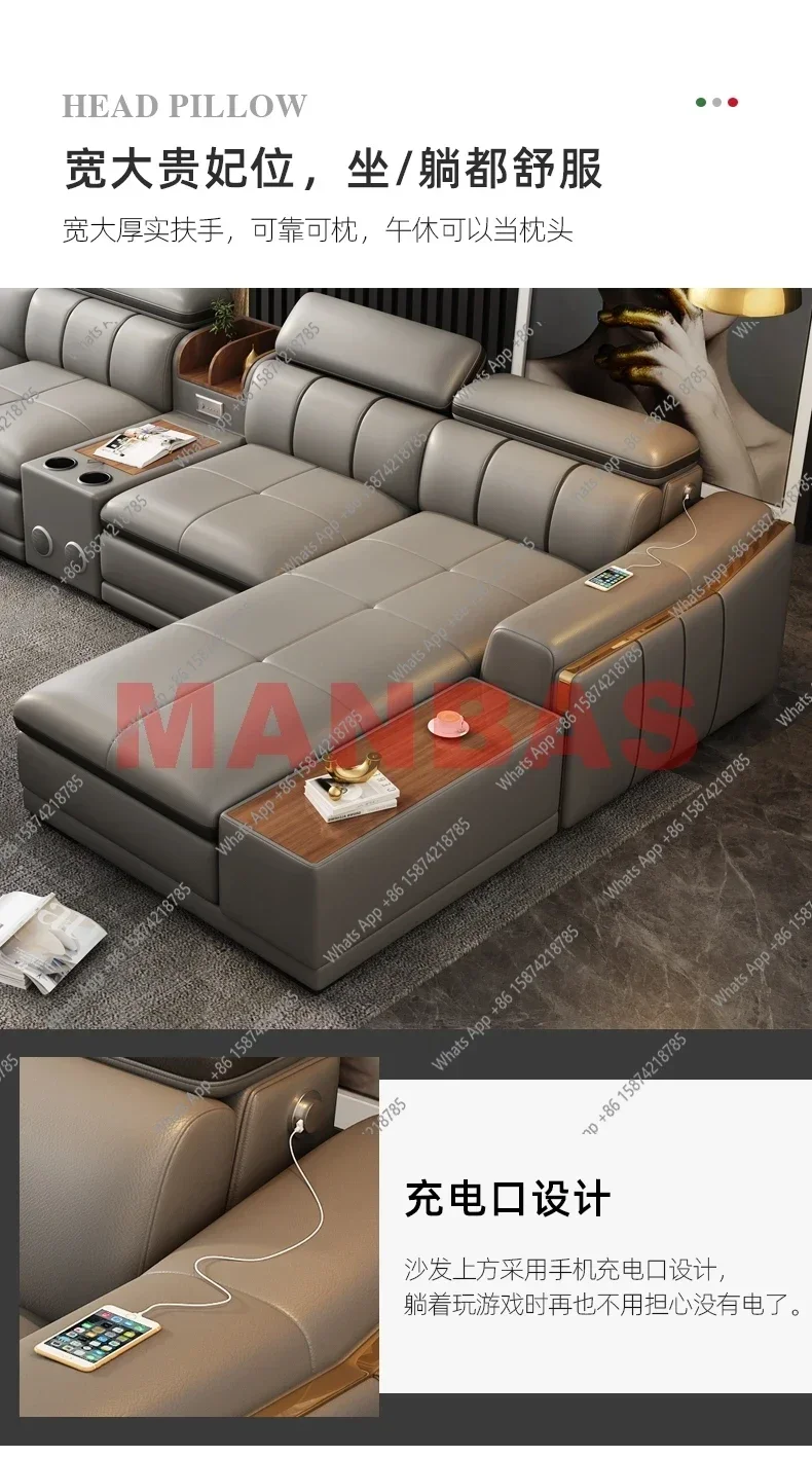 XS MANBAS Italian Genuine Leather Sectional Sofa With Speaker,USB | Futuristic Furniture L Shape Couch Living Room Big Sofas Set