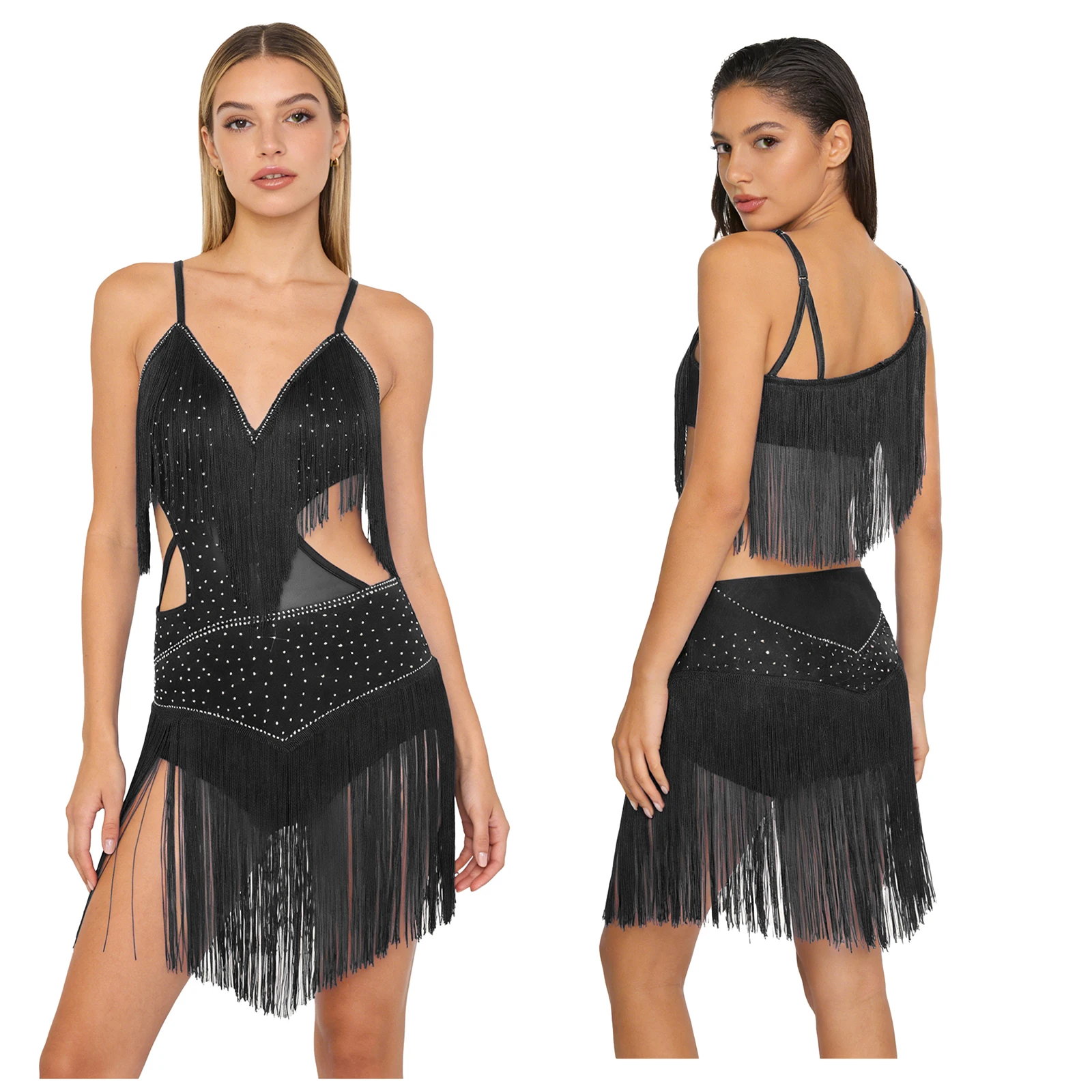 ชุดบอดี้สูทเต้นรำสำหรับผู้หญิง ประดับพู่ห้อย สำหรับการแข่งขันเต้นลาติน ชะชะช่า ลีริคอล ประดับเลื่อม สำหรับเต้นรุมบ้า ซัลซ่า แทงโก้ บอลรูม