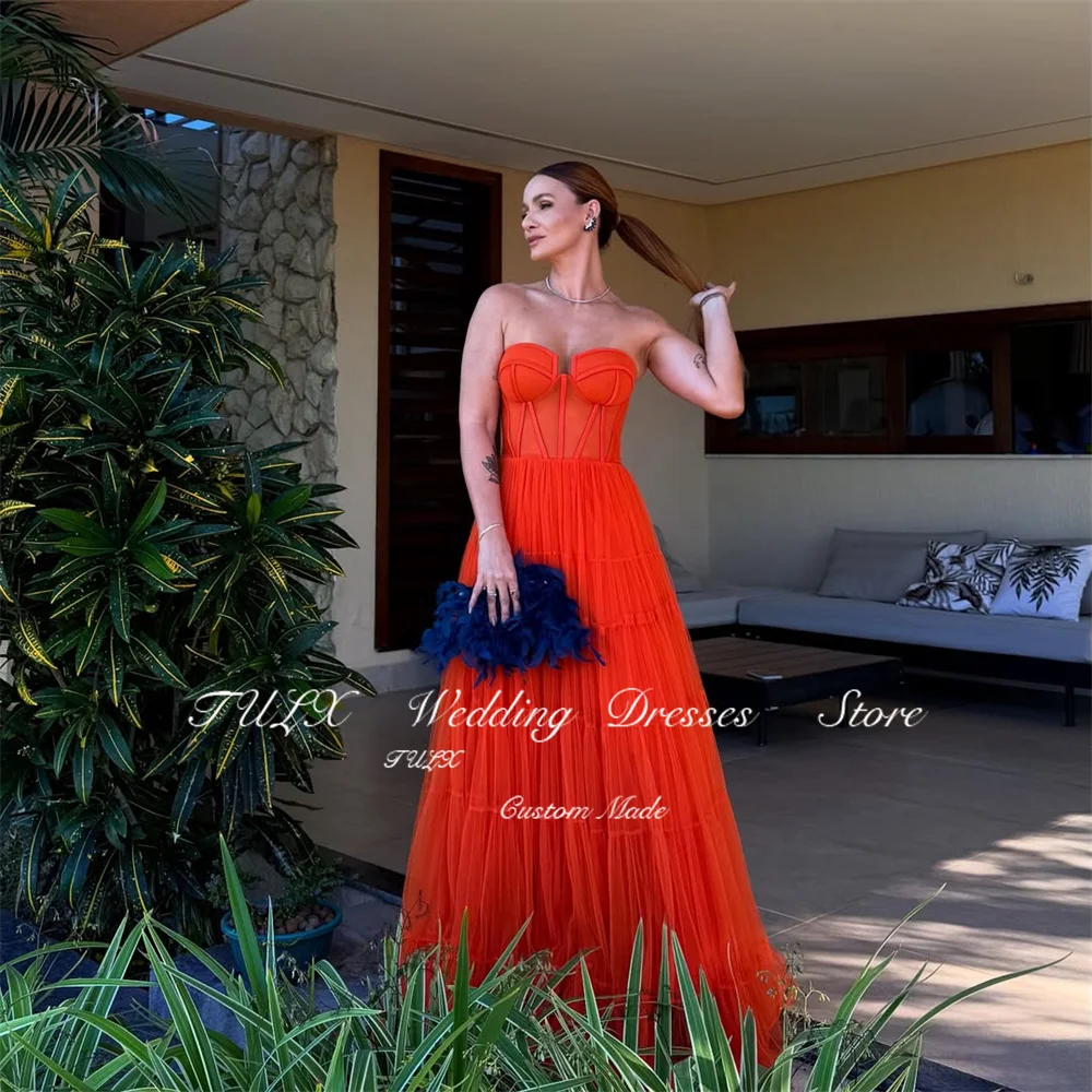 TULX Elegante orangefarbene Tüll-Abendkleider, sexy Schatz-Partykleider, A-Linie, bodenlang, formelles Anlasskleid, individuell gestaltet