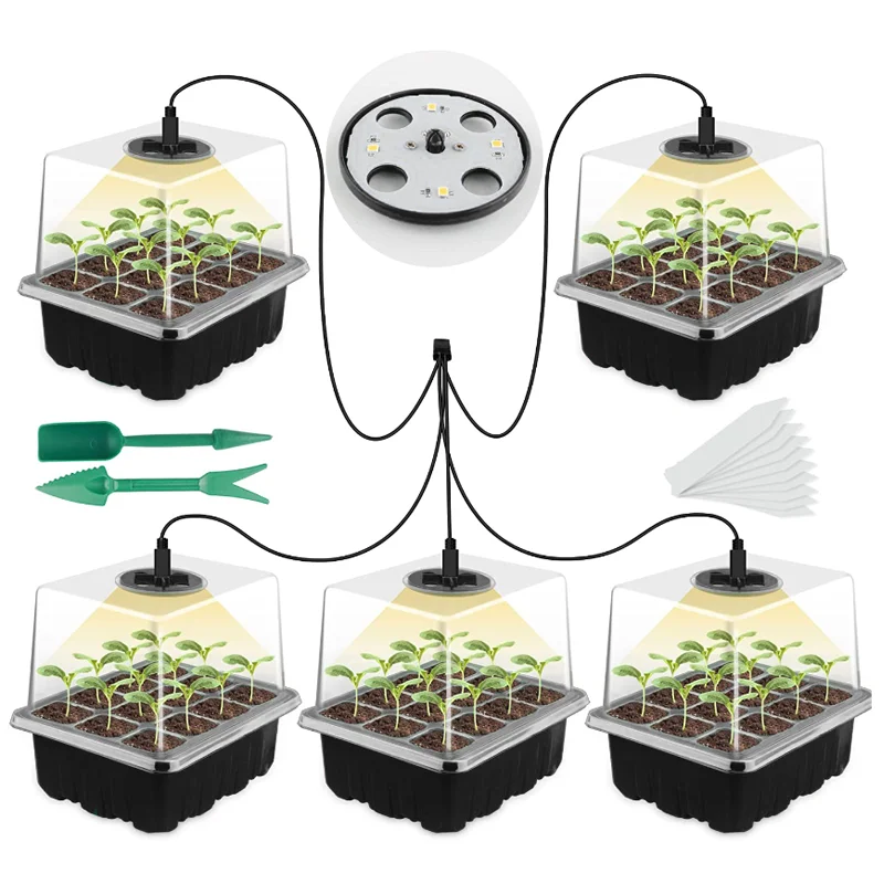 5 Pack Plant Seed Starter Trays Kit Seedling Tray Starter with Grow Light Greenhouse Growing Trays with Holes 60 Cell Per Tray