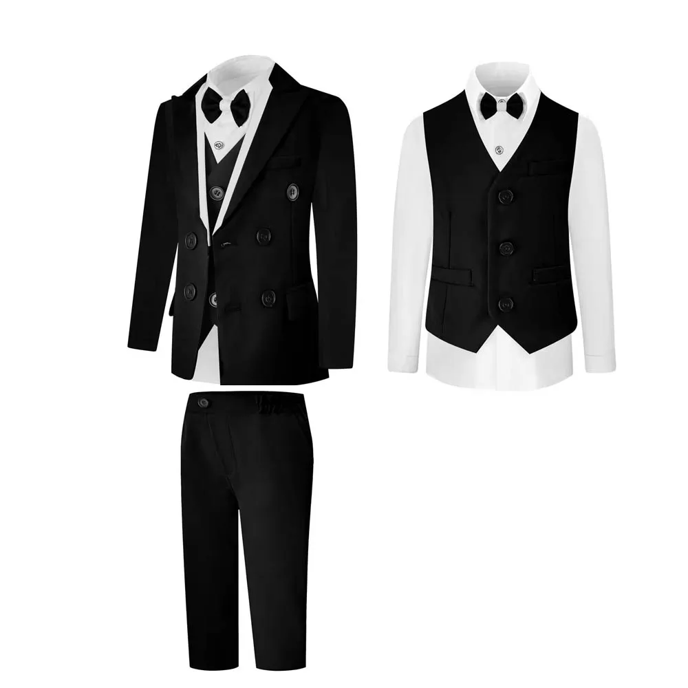 British Style Kids Black 007 Spring Jacket Vest Pants Bowtie Photography Suit Boys Wedding Dress Children Evening Party Costume