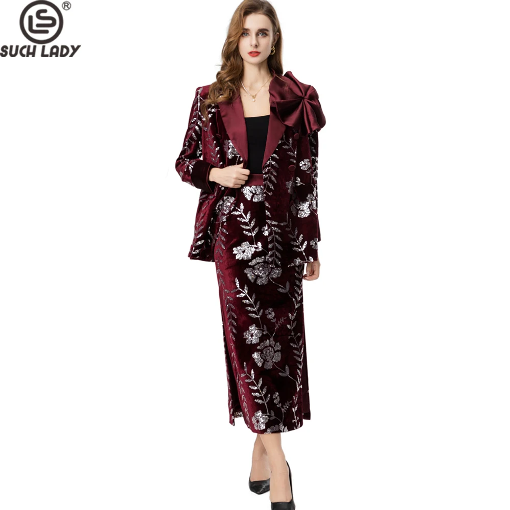 Elegant Burgundy Velvet Silver Sequin Embroidered Midi Dress with Satin Lapel Collar Large Bow & Long Sleeves Two Piece Twinsets