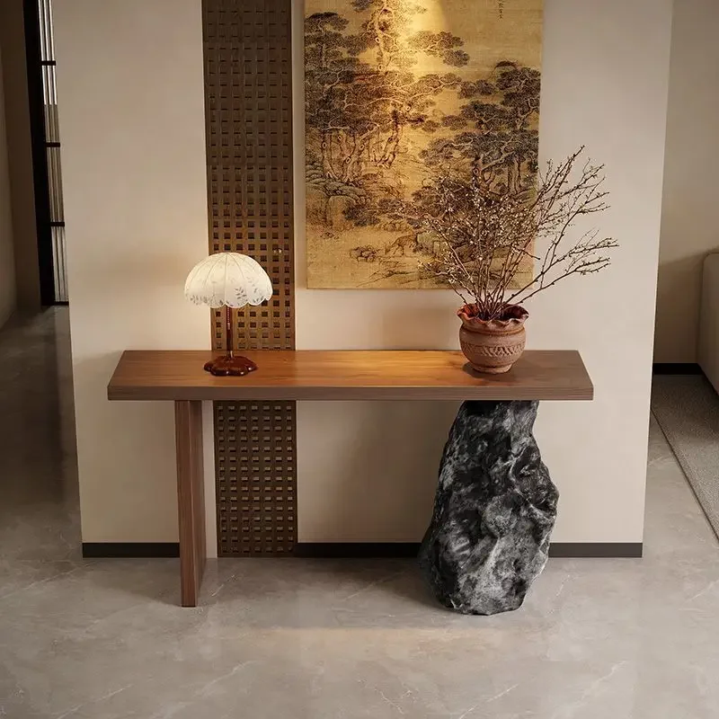 طاولة مدخل من الخشب الصلب بالكامل على الطراز المتوسط القديم، طاولة مدخل ممر إن ترانس، حجر تقليد للفيلا