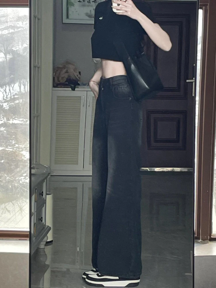 

Утягивающие широкие джинсы, женские свободные брюки прямого кроя больших размеров, драпировка, длинные брюки в стиле ретро, высокая талия, застежка-молния, глубокая ...