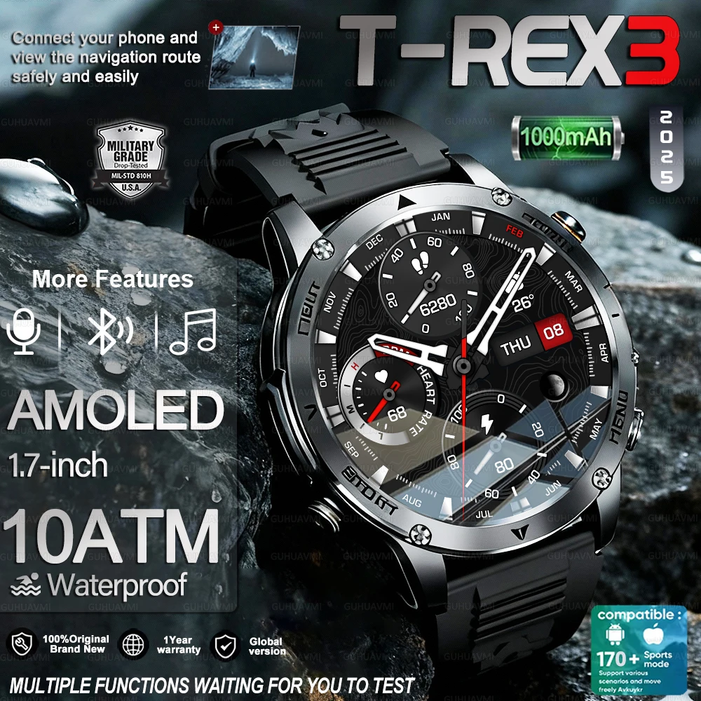 

Top-tier T-Rex 3 Military Grade 1000mAh Battery Smart Watch IP68 Waterproof compass HD call AMOLED HD Men Sports Smart Watchs