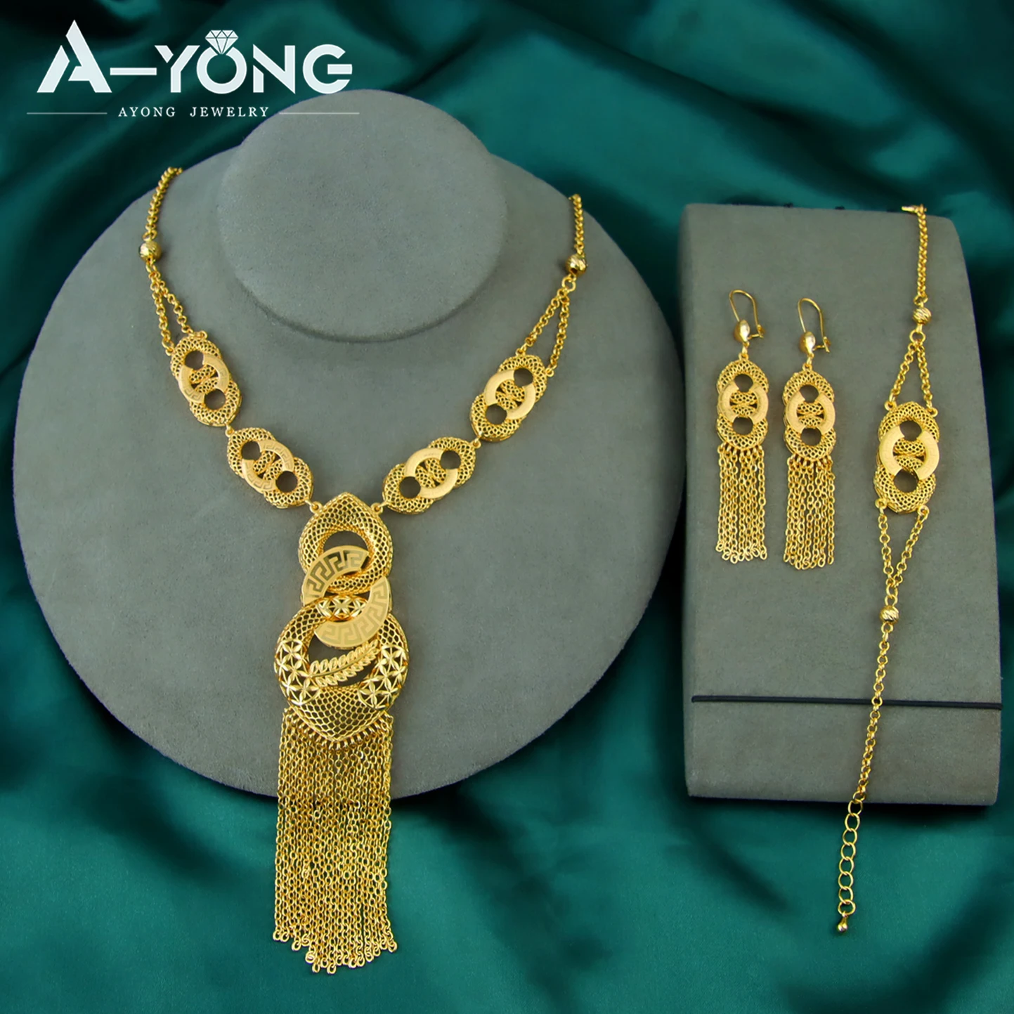 Dubai Gold Plated Wedding Jewlery Set 21k Gold Color Ethiopia Bridal Luxury Necklace Bracelet Earrings Italian Vintage Jewelry