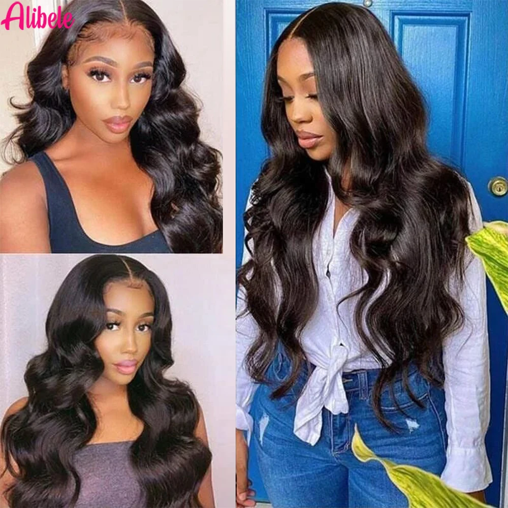 

ALIBELE Body Wave 13X6 Lace Front Human Hair Wig Transparent Lace 180 Density Wig Pre Plucked Natural Black For Woman