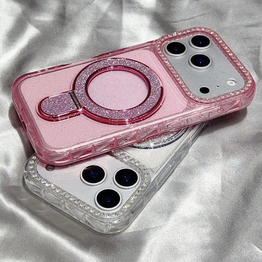 

Bling Diamond Glitter Folding Bracket Phone Case For iPhone 17 16 15 14 13 12 11 Pro Max Plus Shockproof Transparent Hard Cover