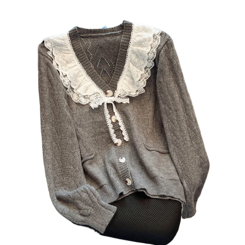 الدانتيل تقسم سترة برقبة على شكل v رمادي طويل الأكمام سترة مشغولة من الصوف المرأة 2025 ربيع الخريف جديد واحدة الصدر كوريا الأعلى #1