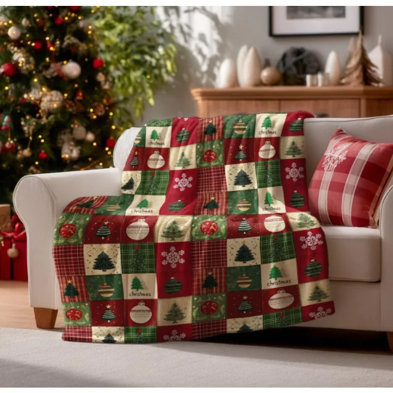 Ornamenti di neve con albero scozzese rosso e verde, morbida coperta accogliente in peluche per divano letto, regalo ideale per bambini, adulti e moglie