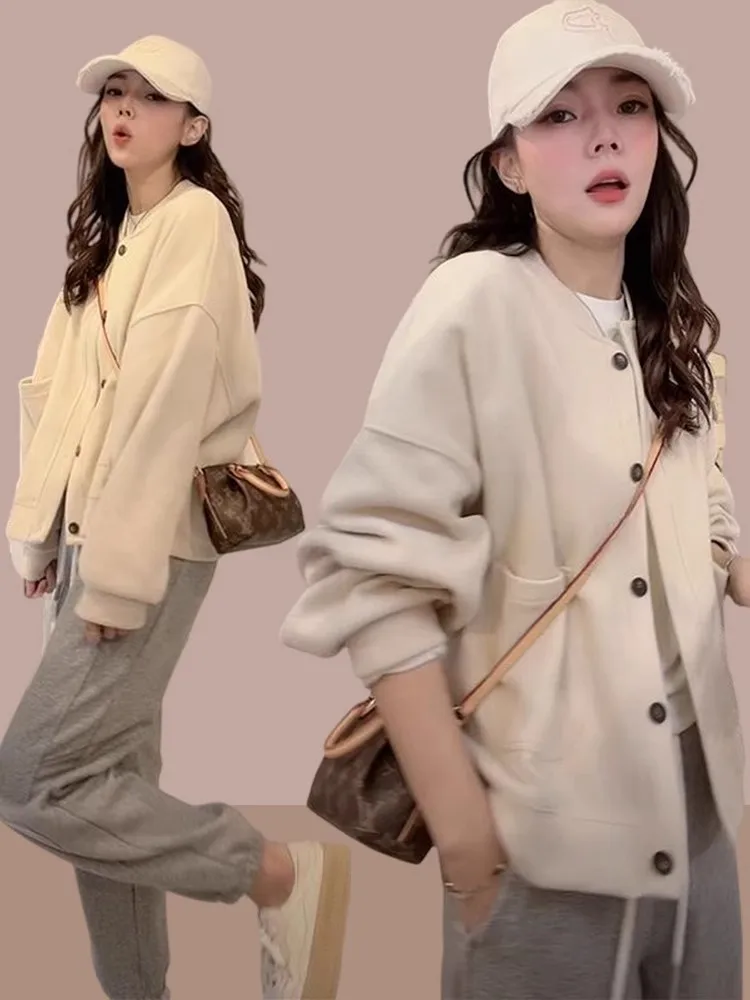

Casual Loose Women's Baseball Jaet Sweater Cardigan Faionable Early Autumn New Sle Breathable Long Sve round Ne Coat