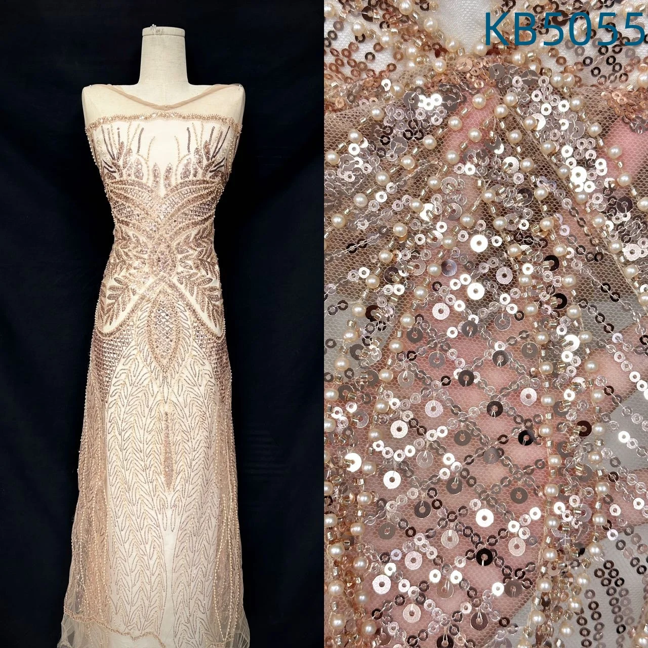 

Champagne Beaded Lace Fabric Luxury Laces On Sale 5 Yards Dubai Gold Sequins French Mesh Lace Fabrics For Dresses Sewing KB5055