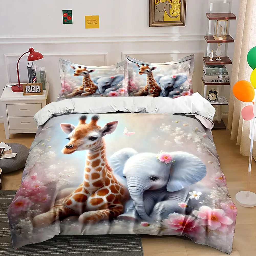Dreamy Giraffe and Elephant Blossoms Print Bedding Set 1Duvet Cover 2Pillowcases for Adult and Children Luxury Gift Full Size