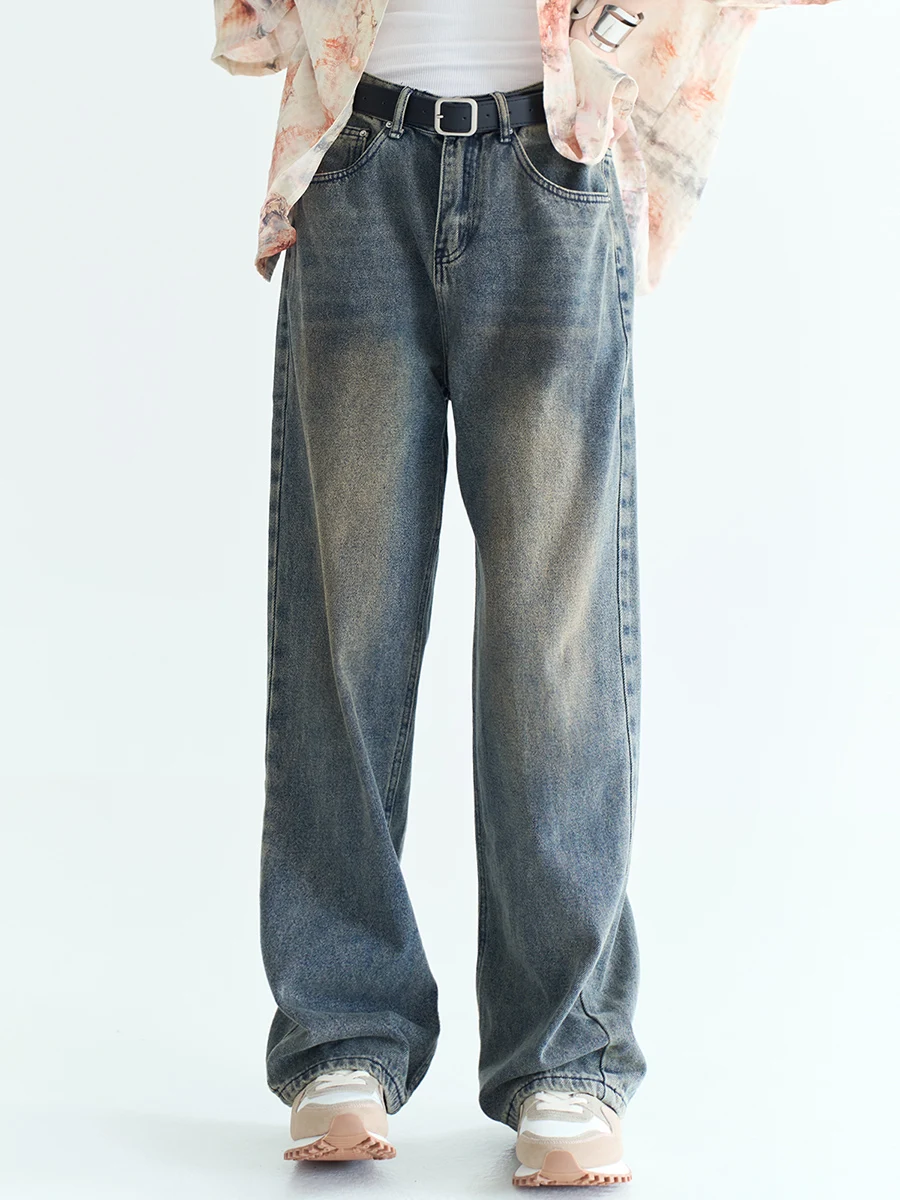 Vintage Washed Distressed Denim Jeans Loose Fit Casual Straight Leg Pants for Women Comfortable Classic Blue Jeans