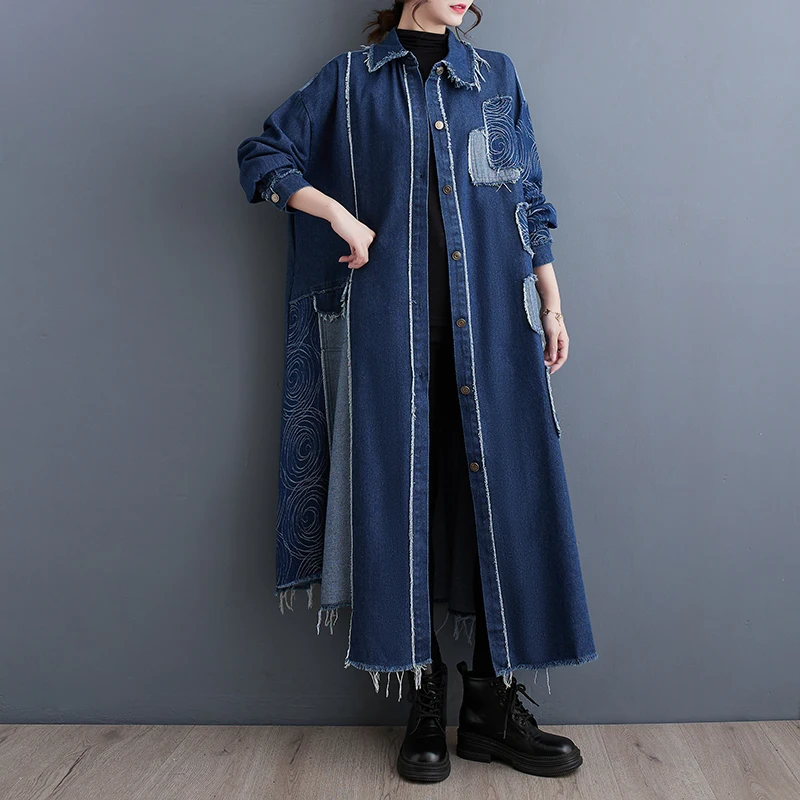 Large Size Women's Autumn Winter Double-sided Washed Denim Print Patchwork Windbreaker Jacket Loose Style Commute Friendly