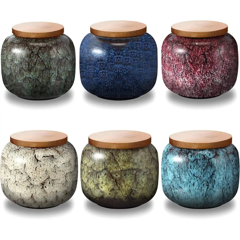 مجموعة من 6 جرار مصغرة مع أغطية للرماد، برطمانات تذكار من السيراميك على الطراز العتيق للتخزين التذكاري وشرف الأحب