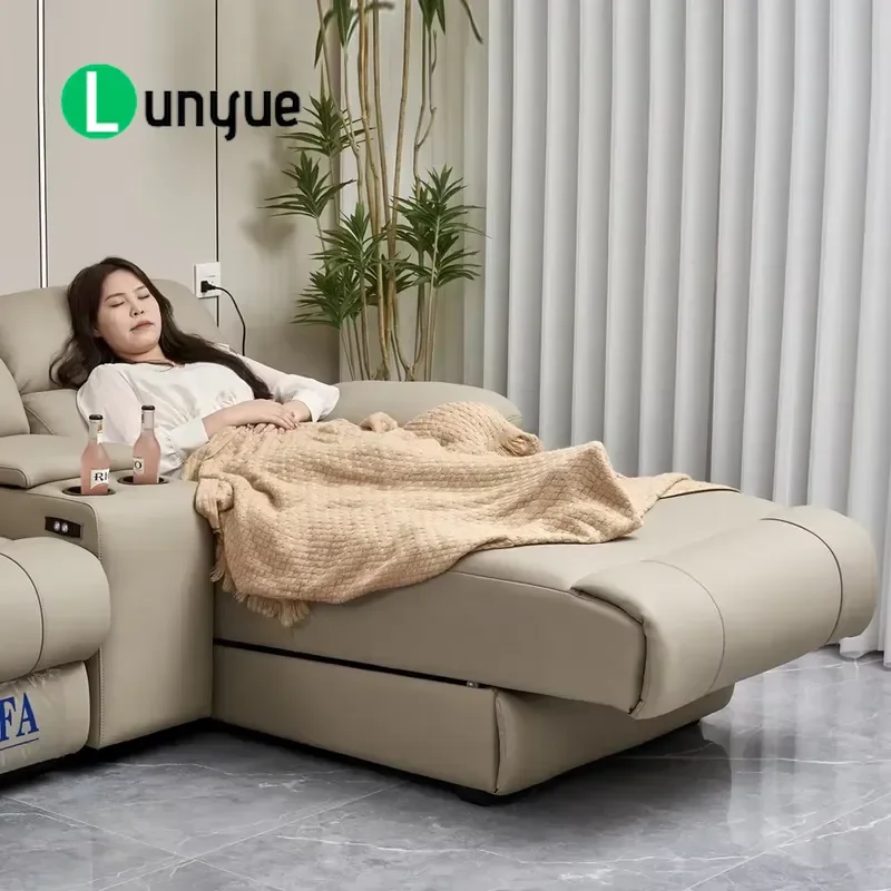 Modern Luxury L Shape Cream Genuine Leather Sectional Sofa Set Electric Power Recliner Living Room Sofa with Cup Holder and