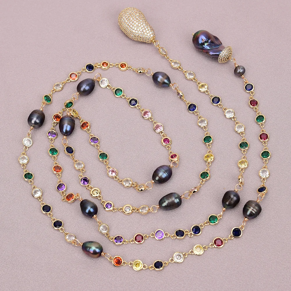 

G-G 50" Natural Black Rice Pearl Colorful Cz Paved Chain Long Necklace Baroque Pearl Zircon Bead Pendant