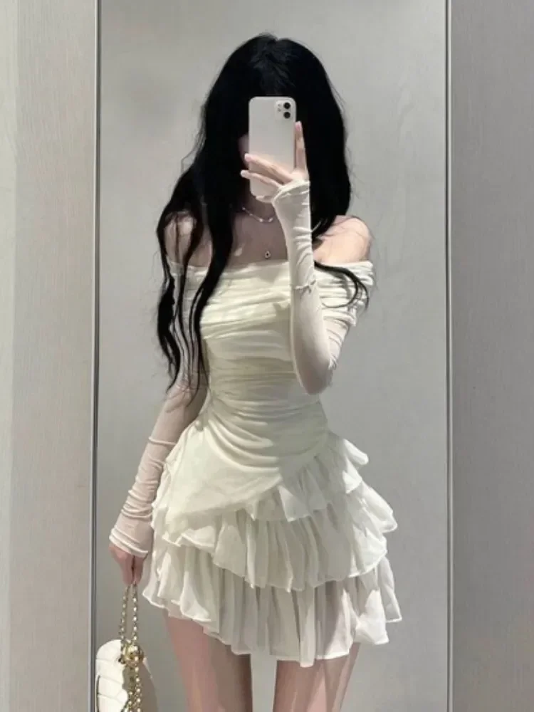 Tops+Skirts Two Pieces Set Slash Neck Solid Pleated Slim Irregular Women T-shirt  Fashion Chic Sweet Layered Ball Gown Skirts