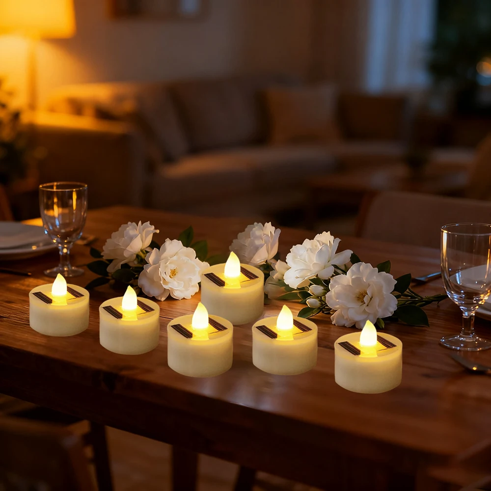 6pcs Outdoor Candles Lamp Flameless Solar Rechargeable Candles with Flickering Solar Tealights for Party Garden Home Decor
