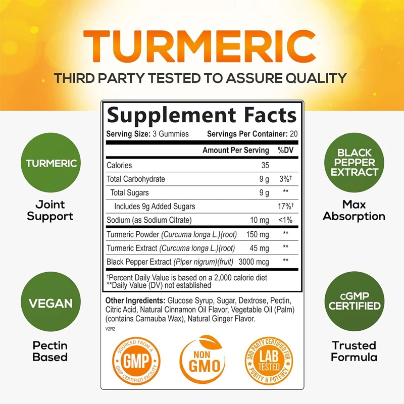 Curcumin Contains 60 Soft Candies Of Cinnamon And Ginger, With 95% Curcumin And Black Pepper For Healthy Joint Absorption