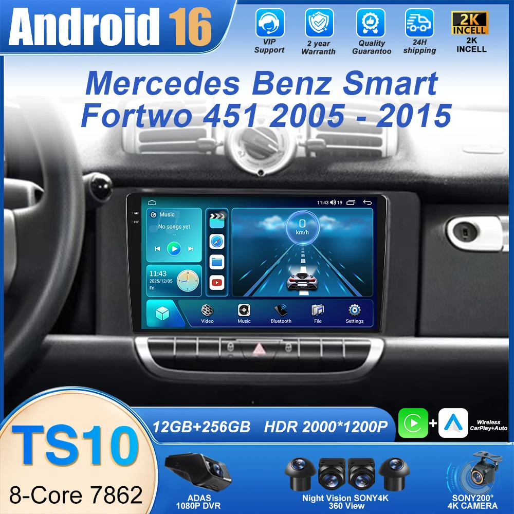 

Carplay Car Radio Multimedia Player for Mercedes-Benz Smart Fortwo 451 2011-2015 BT WiFi Android Auto GPS Navigation
