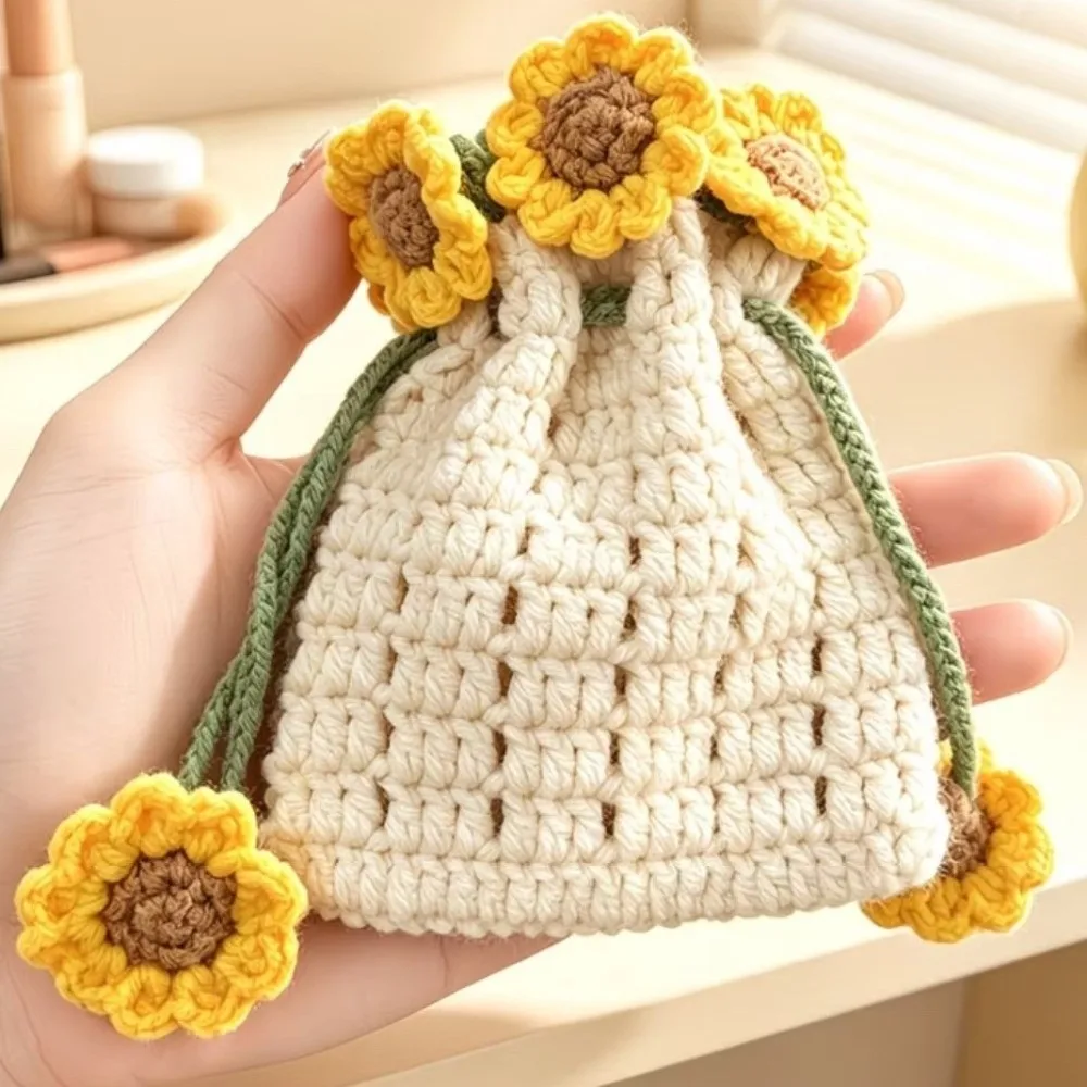 Handwoven Sunflower Design Organizer Pouch Adjustable Rope Tie Closure Hanging Storage Bag Crochet Mini Makeup Bag