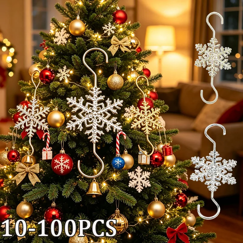 10-100PCS Christmas Snowflake Hooks Decorative Hanging Ornaments Holiday Tree Decorations Home Party Winter Decor