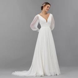 Beige Chiffon Wedding Dress Classic V-Neck Lantern Long Sleeves with Pleat A-Line Floor Length Bridal Open Back Gowns Robe
