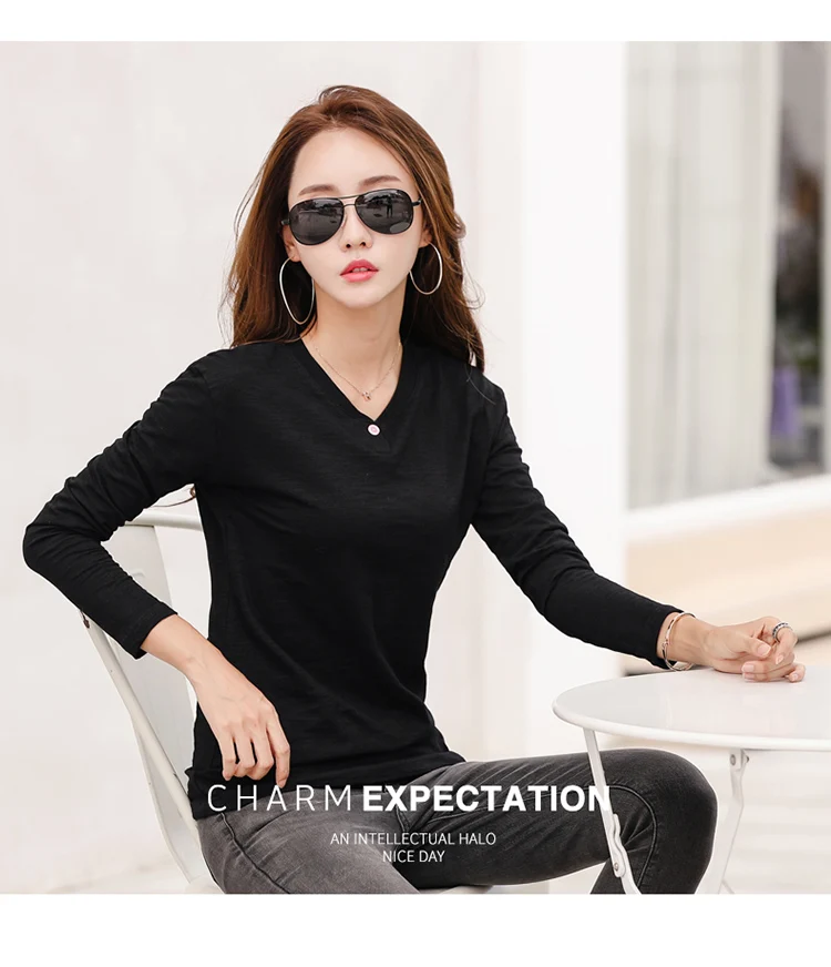 2026 Langarm Frühling Damen Slub-Baumwoll-T-Shirts mit Knöpfen, grüner V-Ausschnitt, einfarbiges T-Shirt, kaffeefarben, koreanische weiche, lockere Oberteile – Detail 22