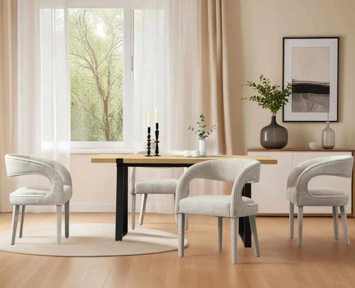 Upholstered Dining Chairs with Arms Open Back Linen Kitchen Dining Room Set 4 Beige, Customized