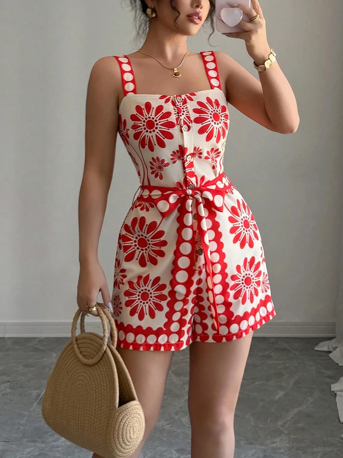 

Женский летний комбинезон с цветочным принтом, красный, с квадратным вырезом, без рукавов, с широкими штанинами, повседневный, для пляжа и отпуска