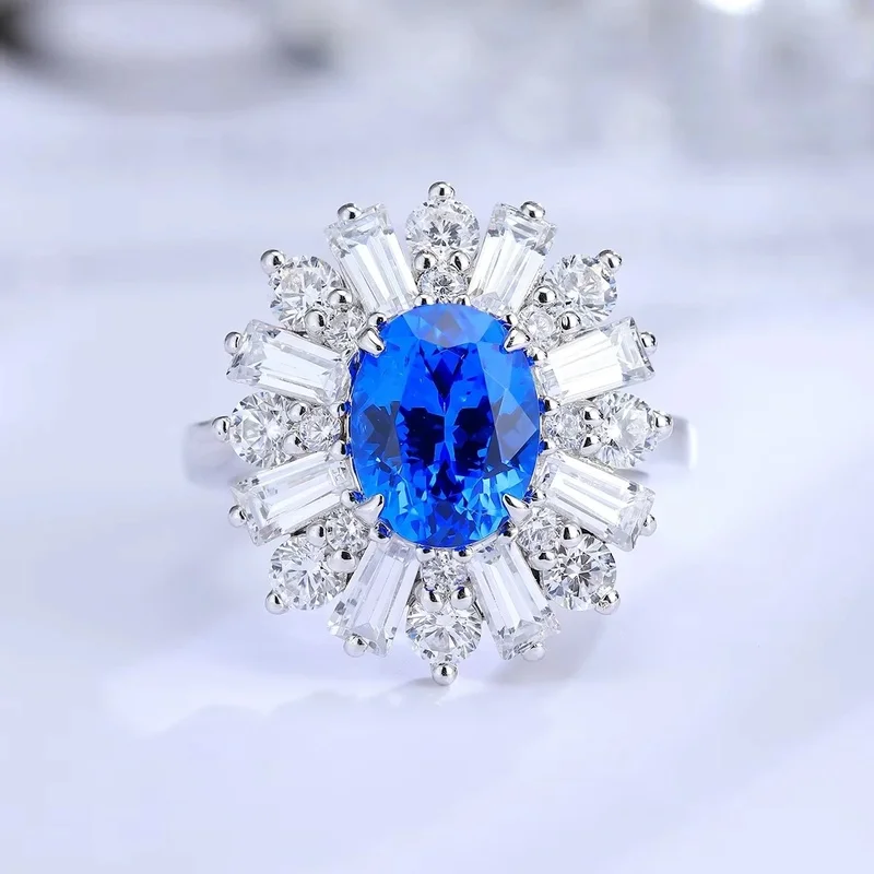 Oval Cut Lab Grown Diamonds Ring in S925 with Lab Created Cobalt Spinel for Women Elegant Modern Engagement Wedding