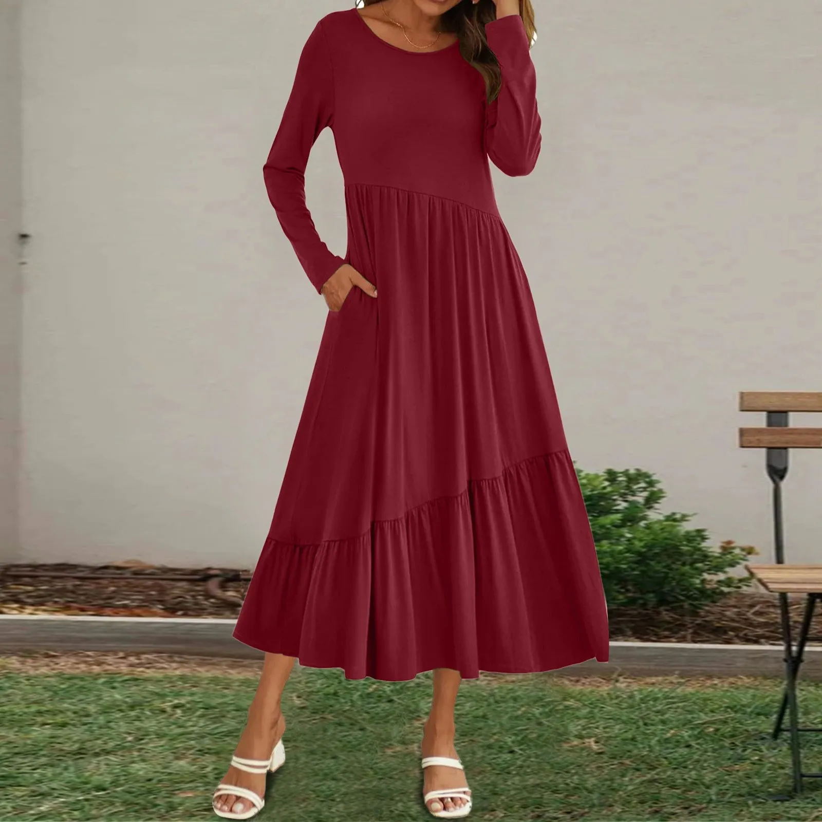 Vestido feminino de manga longa solto liso casual com bolsos, vestidos longos em camadas, túnica fluindo verão