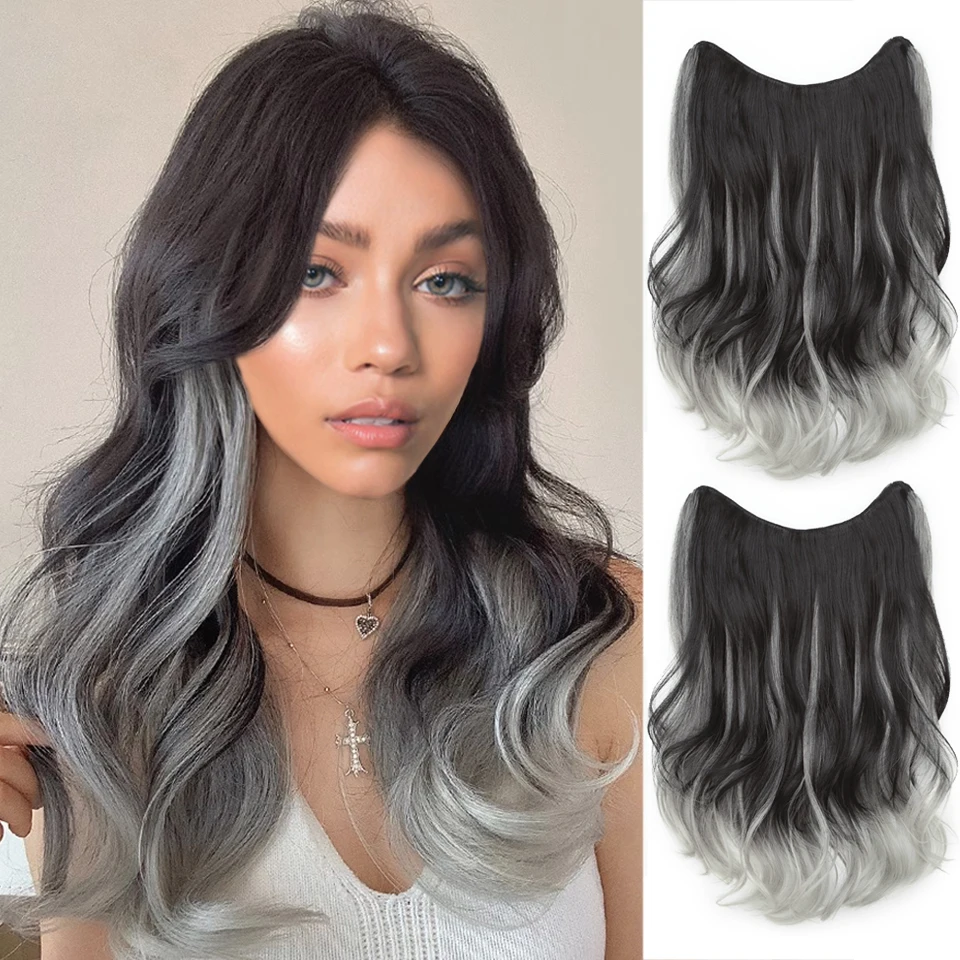 

18-inch curly synthetic extension extension invisible clip wig extension black with gray long piece