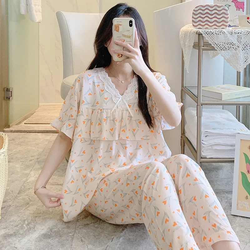 Cotton Silk Cute Floral Print Satin Pajama Sets Ensembles 2 Piece Pants Trouser Ruffled Lady Outfit Lounge Women Pijama