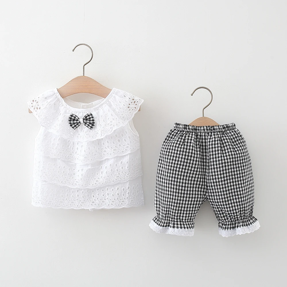 2PCS Summer New Girl Baby Short Sleeve Top+plaid Shorts Two Piece Set Girls\' Clothing