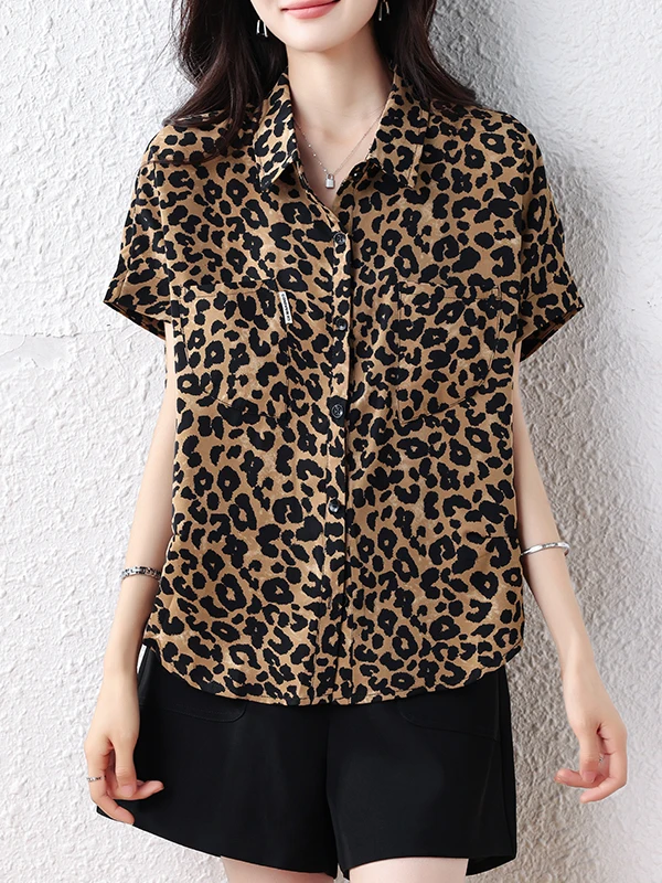 

Loose Fit Versatile plus Size Summer 2025 Faionable Leopard Print Color Blo ort Sve irt Collar Meat Concealing