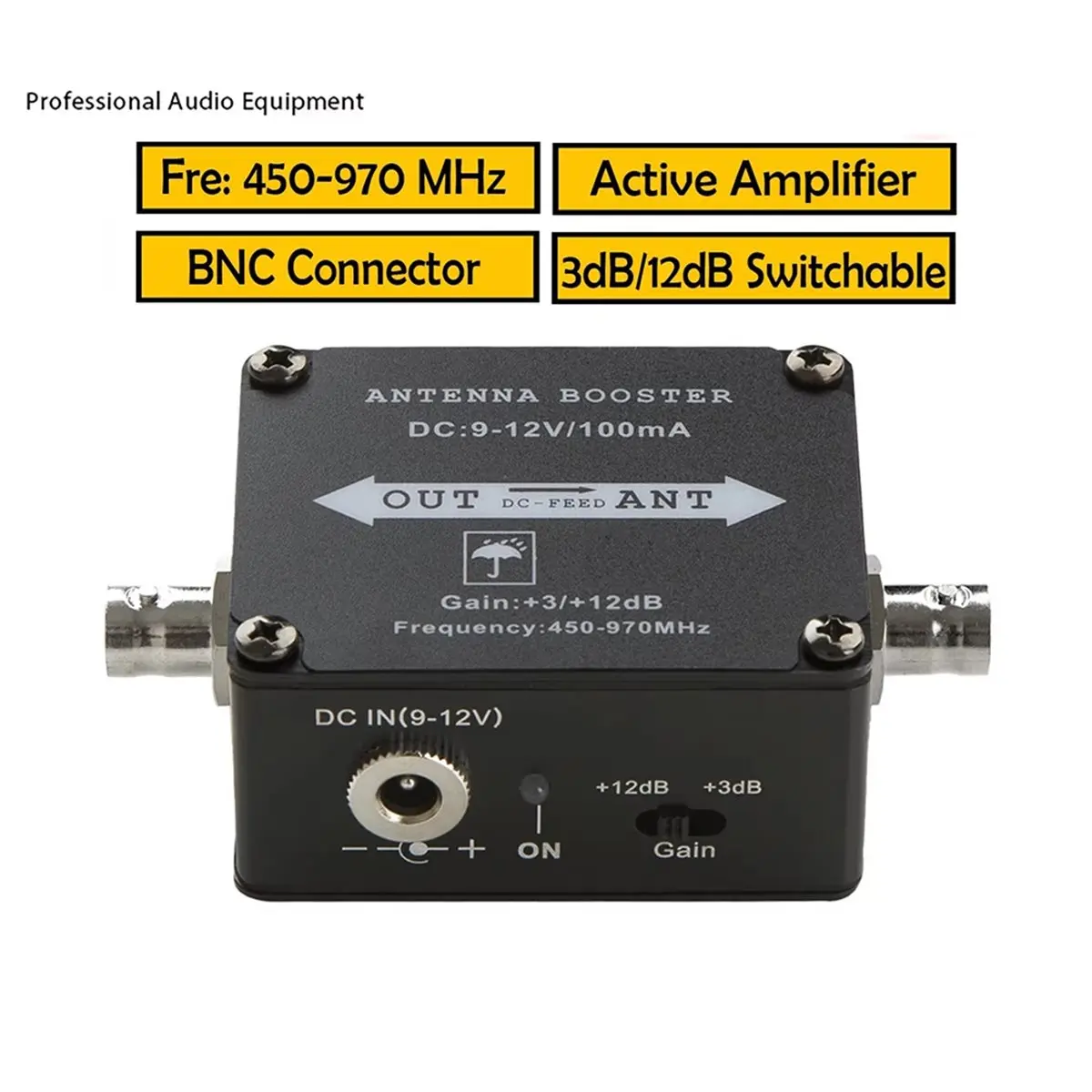 UHF Active Antenna Signal Booster Amplifier 450-970MHz 12dB Gain BNC RF Repeater for Wireless Mic System Stage Audio