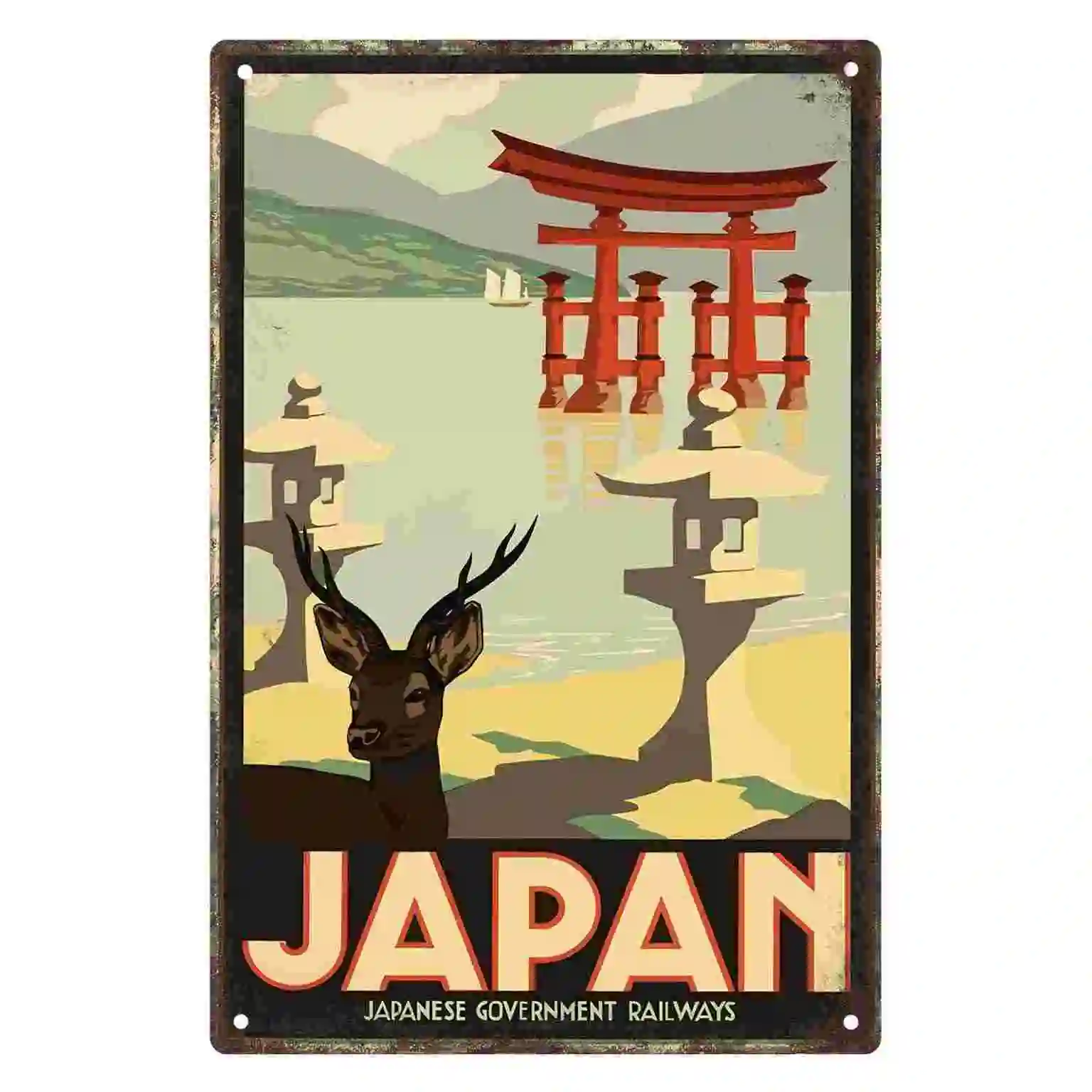 2D FLAT 1pc Vintage Japan Travel Poster Deer Torii Gate Metal Wall Sign Decoration for Home Cafe Garage Bedroom Porch And Garden