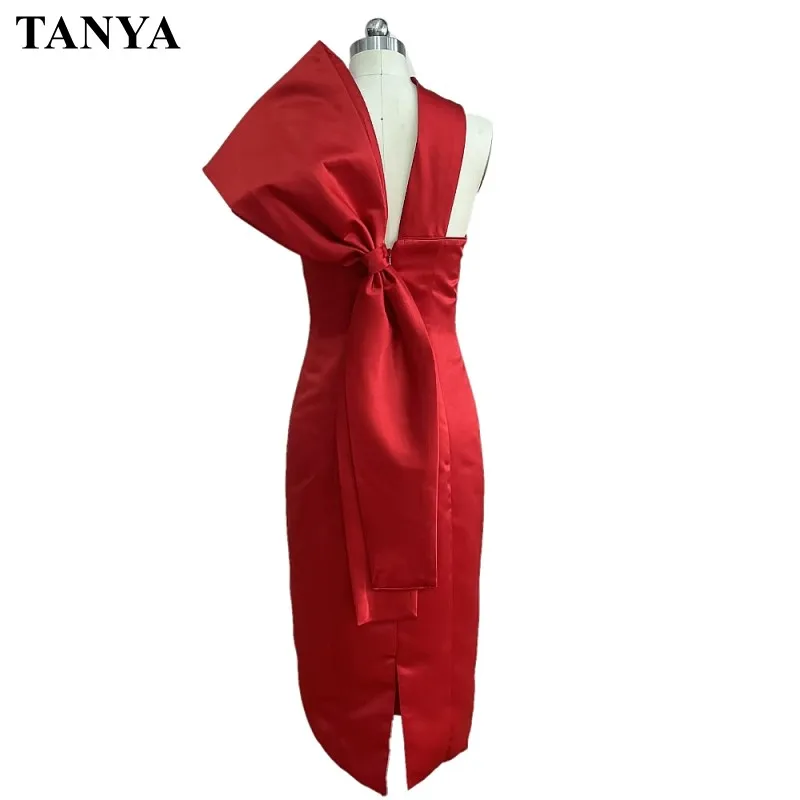 Mid Length Short Red Satin Evening Dress Formal Lady Gown With Big Bow On Back Split Straight Women Party Gown