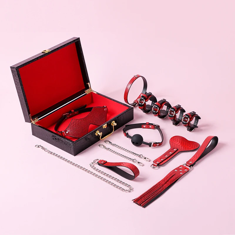 Erotic Leather SM Kits Crocodile Pattern Bed Bondage Set Handcuffs Collar Ankle Cuffs Restraint Adult Sex Toys For Female Couple