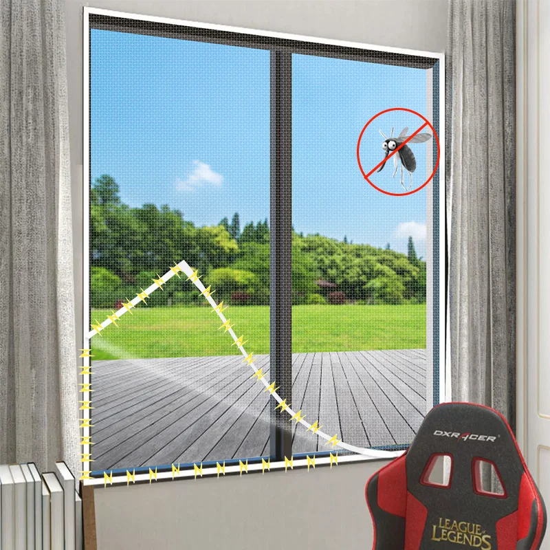 Customizable white magnetic mesh window screen mosquito proof mesh, non perforated home curtains, simple invisible screen window